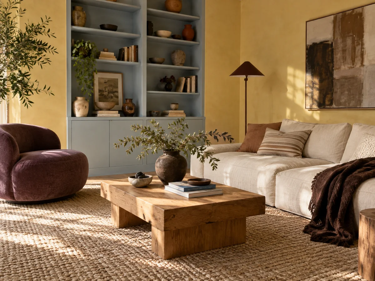 A personality-filled living room with a plum chair, pale blue shelves, linen sofa, and warm wood
